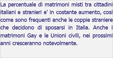 La percentuale di matrimoni misti tra cittadini italiani e stranieri e' in costante aumento, così come sono frequenti anche le coppie straniere che decidono di sposarsi in Italia. Anche i matrimoni Gay e le Unioni civili, nei prossimi anni cresceranno notevolmente.