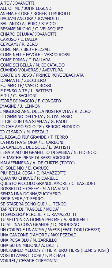 A TE / JOVANOTTI ALL OF ME / JOHN LEGEND ANEMA E CORE / ROBERTO MUROLO BACIAMI ANCORA / JOVANOTTI BALLANDO AL BUIO / STADIO BESAME MUCHO / C. VELASQUEZ CHIARO DI LUNA/ JOVANOTTI CARUSO / L. DALLA CERCAMI / R. ZERO COME MAI / 883 - PEZZALI COME NELLE FAVOLE - VASCO ROSSI COME PRIMA / T. DALLARA COME SEI BELLA / M. DI CATALDO CUANDO VOLVERAS / AVENTURA DARTE UN BESO / PRINCE ROYCE/BACHATA DIAMANTE / ZUCCHERO E... AMO TE/ VASCO ROSSI E PENSO A TE / L. BATTISTI E TU / C. BAGLIONI FIORE DI MAGGIO / F. CONCATO IMAGINE / J. LENNON I MIGLIORI ANNI DELLA NOSTRA VITA / R. ZERO IL CAMMINO DELL'ETA' / G. D'ALESSIO IL CIELO IN UNA STANZA / G. PAOLI IO CHE AMO SOLO TE / SERGIO ENDRIGO IO CI SARO' / M. PEZZALI IL REGALO PIU' GRANDE / T. FERRO LA NOSTRA STORIA / L. CARBONI LA CANZONE DEL SOLE / L. BATTISTI LEGATA AD UN GRANELLO DI SABBIA / N. FIDENCO LE TASCHE PIENE DI SASSI /GIORGIA MALAFEMMENA / A. DE CURTIS (TOTO') O' SOLE MIO / E. CARUSO PIU' BELLA COSA / E. RAMAZZOTTI QUANNO CHIOVE / P. DANIELE QUESTO PICCOLO GRANDE AMORE / C. BAGLIONI ROSSETTO E CAFFE' - SLA DA VINCI SENZA UNA DONNA/ZUCCHERO SERE NERE / T. FERRO SE STASERA SONO QUI / L. TENCO TAPPETO DI FRAGOLE / MODA' TI SPOSERO' PERCHE' / E. RAMAZZOTTI TU SEI L'UNICA DONNA PER ME / A. SORRENTI TU SI' 'NA COSA GRANDE / D. MODUGNO UN CORPO E UN'ANIMA / WESS (FEAT. DORI GHEZZI) UNA CANZONE D'AMORE / MAX PEZZALI UNA ROSA BLU / M. ZARRILLO UNA SU UN MILIONE/ A. BRITTI UNCHAINED MELODY / THE R. BROTHERS (FILM: GHOST) VOGLIO AMARTI COSI / F. MICHAEL VORREI / CESARE CREMONINI