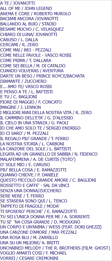 A TE / JOVANOTTI ALL OF ME / JOHN LEGEND ANEMA E CORE / ROBERTO MUROLO BACIAMI ANCORA /JOVANOTTI BALLANDO AL BUIO / STADIO BESAME MUCHO / C. VELASQUEZ CHIARO DI LUNA/ JOVANOTTI CARUSO / L. DALLA CERCAMI / R. ZERO COME MAI / 883 - PEZZALI COME NELLE FAVOLE - VASCO ROSSI COME PRIMA / T. DALLARA COME SEI BELLA / M. DI CATALDO CUANDO VOLVERAS / AVENTURA DARTE UN BESO / PRINCE ROYCE/BACHATA DIAMANTE / ZUCCHERO E... AMO TE/ VASCO ROSSI E PENSO A TE / L. BATTISTI E TU / C. BAGLIONI FIORE DI MAGGIO / F. CONCATO IMAGINE / J. LENNON I MIGLIORI ANNI DELLA NOSTRA VITA / R. ZERO IL CAMMINO DELL'ETA' / G. D'ALESSIO IL CIELO IN UNA STANZA / G. PAOLI IO CHE AMO SOLO TE / SERGIO ENDRIGO IO CI SARO' / M. PEZZALI IL REGALO PIU' GRANDE / T. FERRO LA NOSTRA STORIA / L. CARBONI LA CANZONE DEL SOLE / L. BATTISTI LEGATA AD UN GRANELLO DI SABBIA / N. FIDENCO MALAFEMMENA / A. DE CURTIS (TOTO') O' SOLE MIO / E. CARUSO PIU' BELLA COSA / E. RAMAZZOTTI QUANNO CHIOVE / P. DANIELE QUESTO PICCOLO GRANDE AMORE / C. BAGLIONI ROSSETTO E CAFFE' - SAL DA VINCI SENZA UNA DONNA/ZUCCHERO SERE NERE / T. FERRO SE STASERA SONO QUI / L. TENCO TAPPETO DI FRAGOLE / MODA' TI SPOSERO' PERCHE' / E. RAMAZZOTTI TU SEI L'UNICA DONNA PER ME / A. SORRENTI TU SI' 'NA COSA GRANDE / D. MODUGNO UN CORPO E UN'ANIMA / WESS (FEAT. DORI GHEZZI) UNA CANZONE D'AMORE / MAX PEZZALI UNA ROSA BLU / M. ZARRILLO UNA SU UN MILIONE/ A. BRITTI UNCHAINED MELODY / THE R. BROTHERS (FILM: GHOST) VOGLIO AMARTI COSI / F. MICHAEL VORREI / CESARE CREMONINI