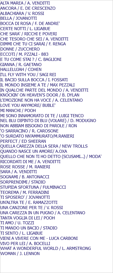 ALTA MAREA / A. VENDITTI ANCORA / E. DE CRESCENZO ALBACHIARA / V. ROSSI BELLA / JOVANOTTI BOCCA DI ROSA / F. DE ANDRE' CERTE NOTTI / L. LIGABUE CHE SARA' / RICCHI E POVERI CHE TESORO CHE SEI / A. VENDITTI DIMMI CHE TU CI SARAI / F. RENGA DONNE / ZUCCHERO ECCOTI / M. PZZALI - 883 E TU COME STAI ? / C. BAGLIONI GIANNA / R. GAETANO HALLELUJAH / COHEN I'LL FLY WITH YOU / SAGI REI IL BACIO SULLA BOCCA / I. FOSSATI IL MONDO INSIEME A TE / MAX PEZZALI IN QUALCHE PARTE DEL MONDO / A. VENDITTI KNOCKIN' ON HEAVEN'S DOOR / B. DYLAN L'EMOZIONE NON HA VOCE / A. CELENTANO LOVE YOU ANYMORE/ BUBLE' MI MANCHI / POOH MI SONO INNAMORATO DI TE / LUIGI TENCO NEL BLU DIPINTO DI BLU (VOLARE) / D. MODUGNO NON ABBIAM BISOGNO DI PAROLE / RON 'O SARRACINO / R. CAROSONE 'O SURDATO NN'AMMURATO/M.RANIERI PERFECT / ED SHEERAN QUELLA CAREZZA DELLA SERA / NEW TROLLS QUANDO NASCE UN AMORE/ A.OXA QUELLO CHE NON TI HO DETTO (SCUSAMI...) / MODA' RICORDATI DI ME / A. VENDITTI ROSE ROSSE / M. RANIERI SARA / A. VENDITTI SOGNAMI / B. ANTONACCI SORPRENDIMI / STADIO STUPIDA SFORTUNA / FULMINACCI TEOREMA / M. FERRADINI TI SPOSERO' / JOVANOTTI UN'ALTRA TE / E. RAMAZZOTTI UNA CANZONE PER TE / V. ROSSI UNA CAREZZA IN UN PUGNO / A. CELENTANO TANTA VOGLIA DI LEI / POOH TI AMO / U. TOZZI TI MANDO UN BACIO / STADIO TI SENTO / L. LIGABUE VIENI A VIVERE CON ME - LUCA CARBONI VIVO PER LEI / A. BOCELLI WHAT A WONDERFUL WORLD / L. ARMSTRONG WOMAN / J. LENNON 
